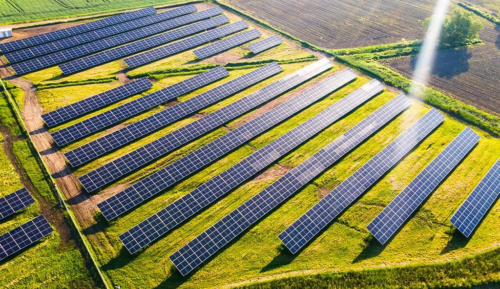 Aerial view of a solar farm with rows of solar panels on a grassy field, surrounded by agricultural land.