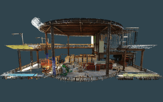 3D model of a building under construction, showcasing structural elements and scaffolding, illustrating Larson Engineering's expertise in reality capture technology.